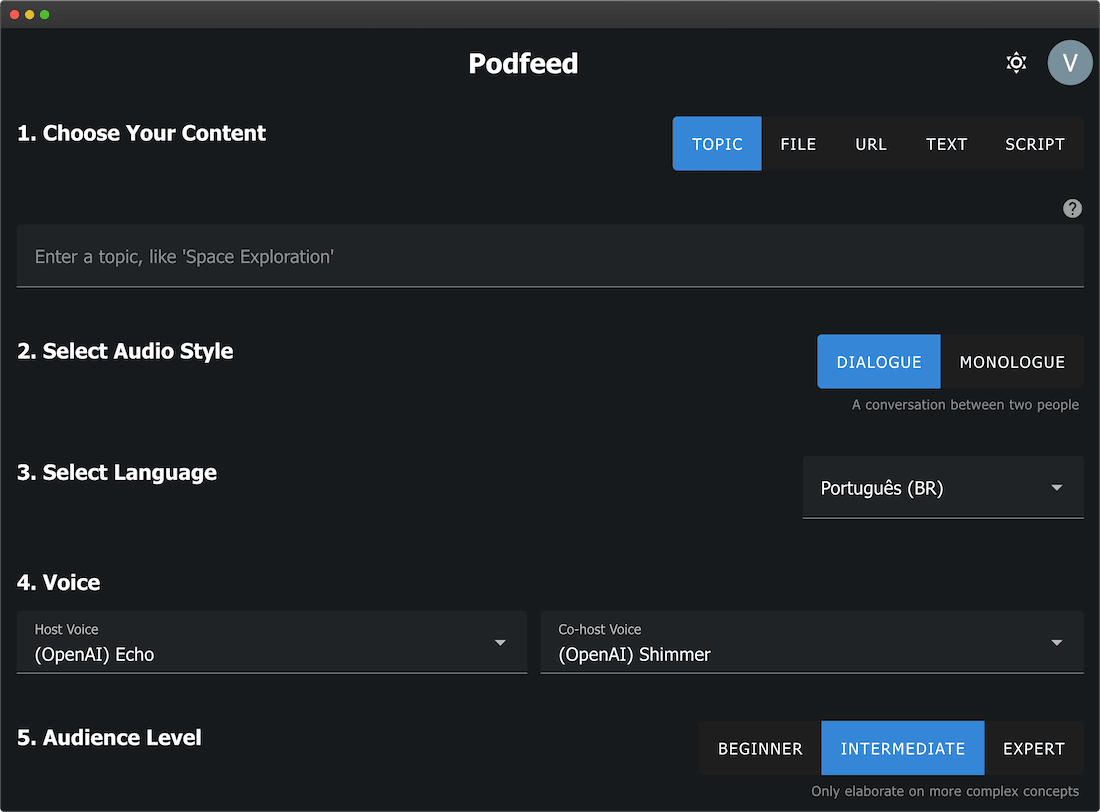 Podfeed AI form to generate podcasts