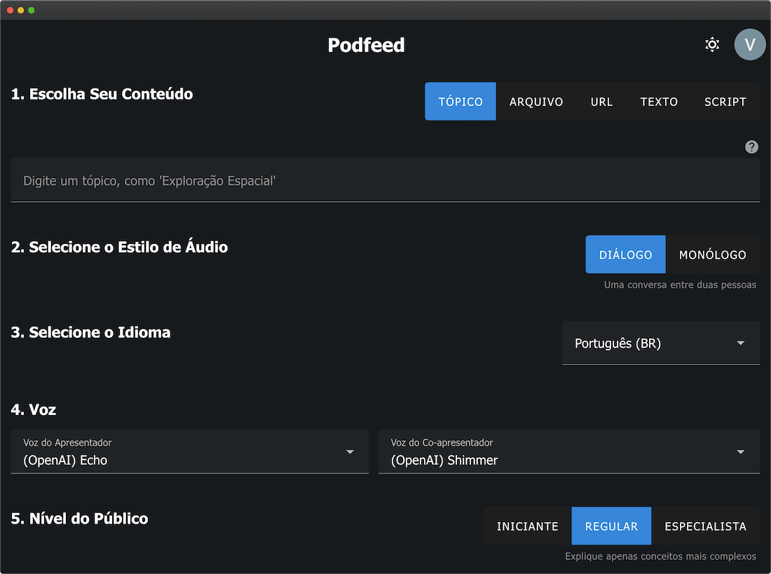 Podfeed AI form to generate podcasts